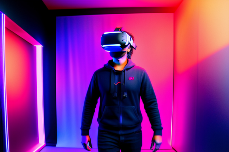 A person wearing a VR headset, exploring an animated virtual reality world