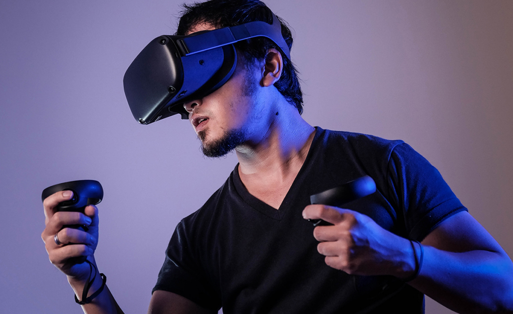 A person wearing a VR headset and exploring a virtual environment