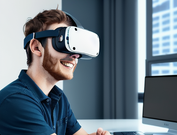 Employee wearing virtual reality headset, connecting with others
