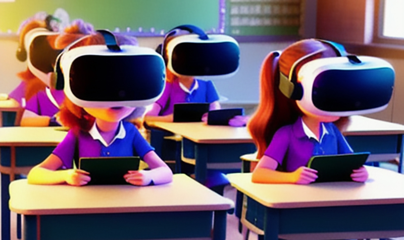 A group of students using VR with eye tracking in the clasroom