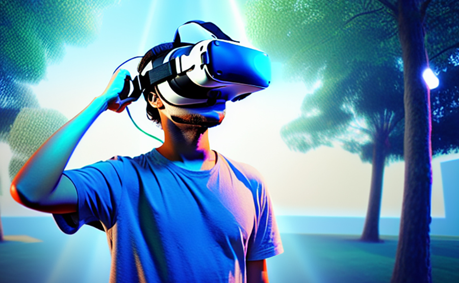 A person wearing a custom avatar in a virtual reality world, experiencing a game