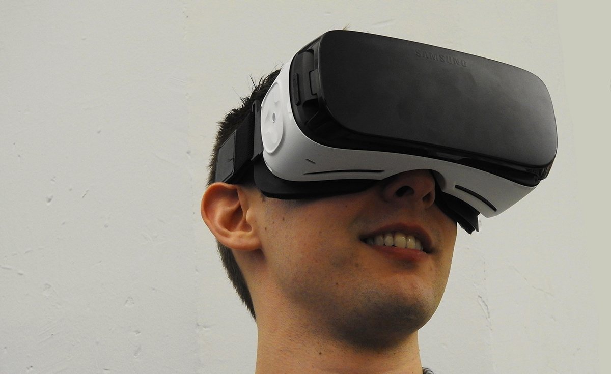 A person wearing a VR headset, exploring a virtual reality travel experience