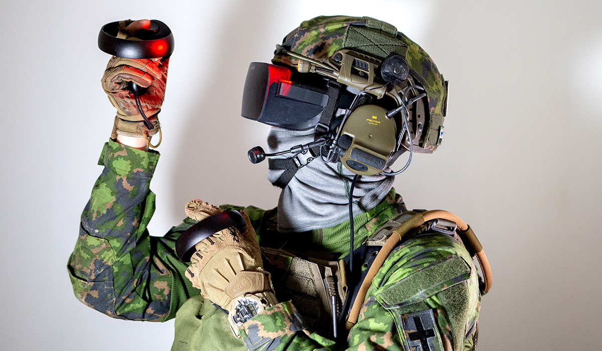 A soldier wearing a virtual reality headset for military training