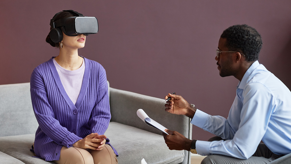 An image showing a person wearing a virtual reality headset while undergoing virtual reality therapy as part of ethical considerations.