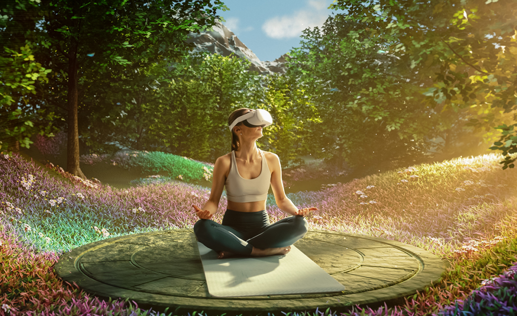 A person wearing a VR headset while meditating, experiencing the vr meditation
