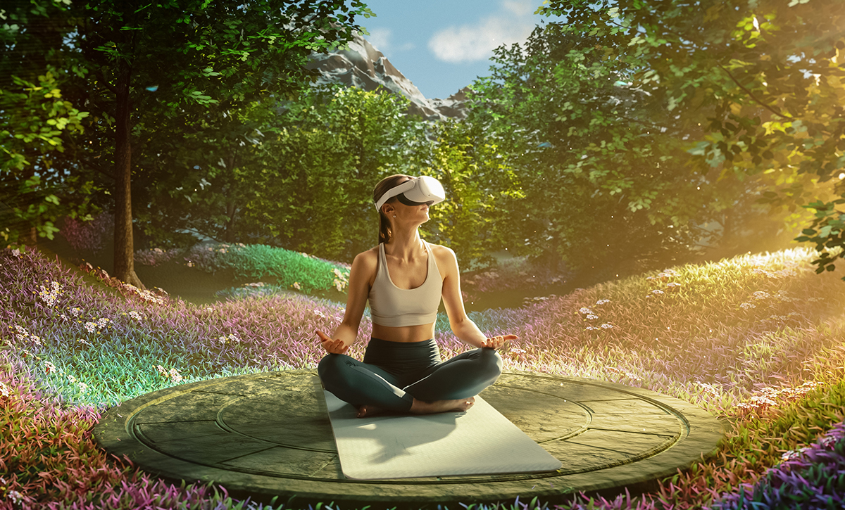 A person wearing a VR headset while meditating, experiencing the vr meditation