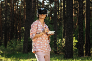 A person wearing a virtual reality headset, immersed in a virtual world