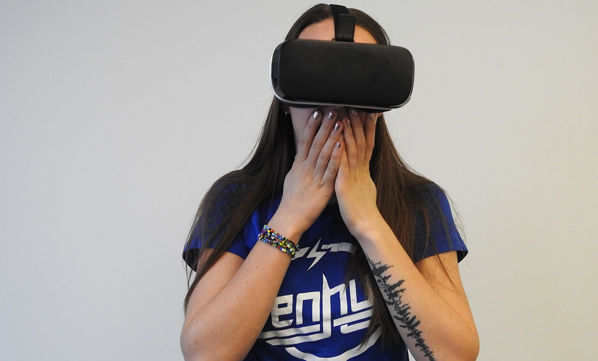 A person wearing a virtual reality headset, experiencing a serendipitous interaction in a virtual world