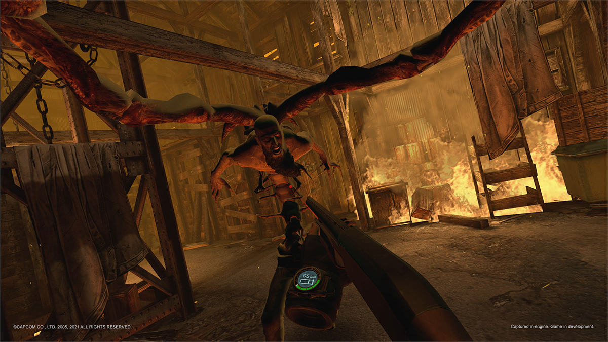 A screenshot of Resident Evil 4 VR showing first person shooting in game