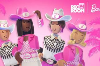 A group of avatars in Rec Room with Barbie brand outfits