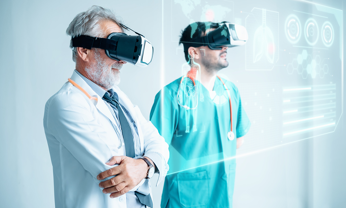 A doctor wearing a VR headset and using virtual reality technology to learn medical procedures