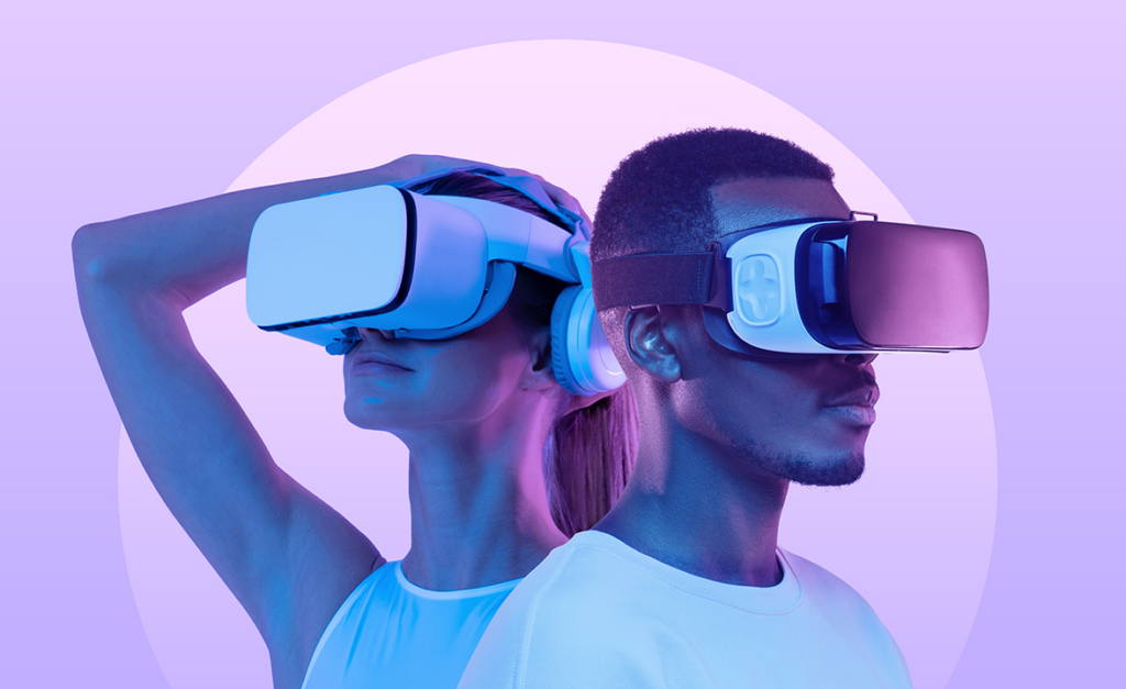 Two people wearing virtual reality headsets