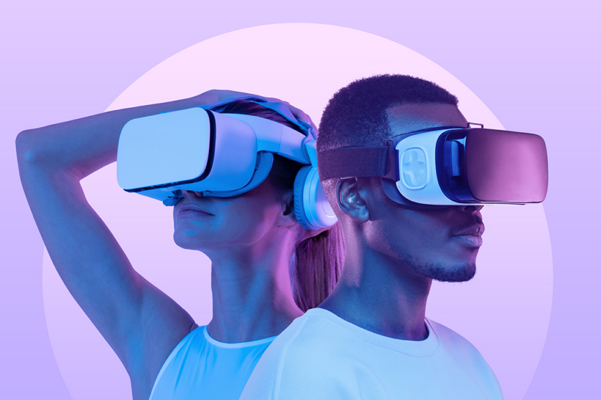 Two people wearing virtual reality headsets