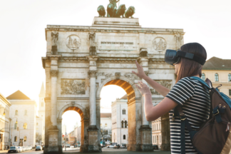 An image showing a person wearing a VR headset and experiencing VR tourism