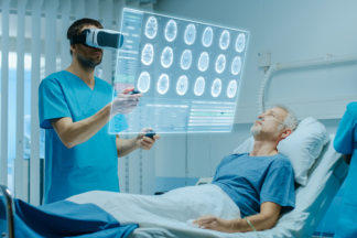 An image showcasing the use of VR in healthcare with a doctor and patient wearing VR headsets during a medical procedure.