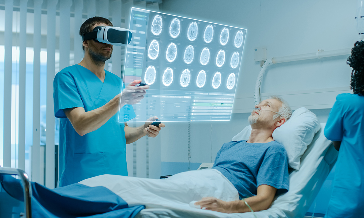 An image showcasing the use of VR in healthcare with a doctor and patient wearing VR headsets during a medical procedure.